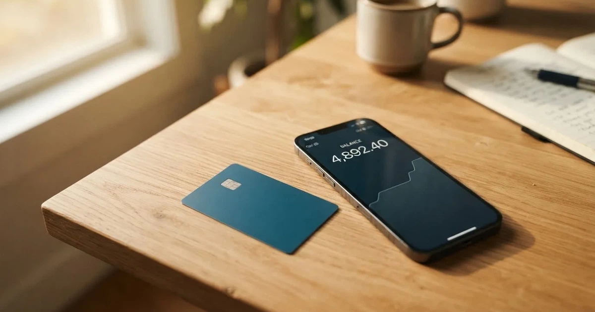 A payment card next to a phone with a crypto wallet app open
