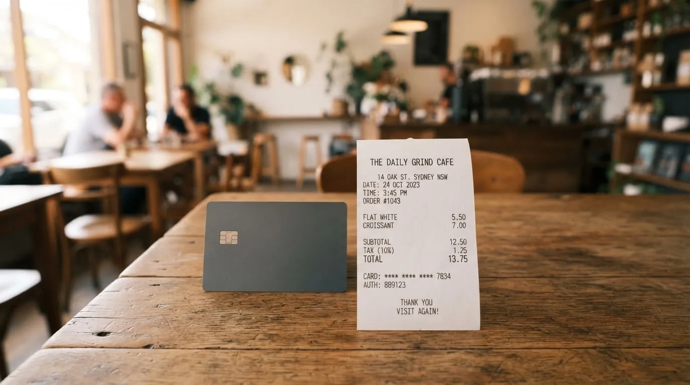 A receipt and a card on a café table