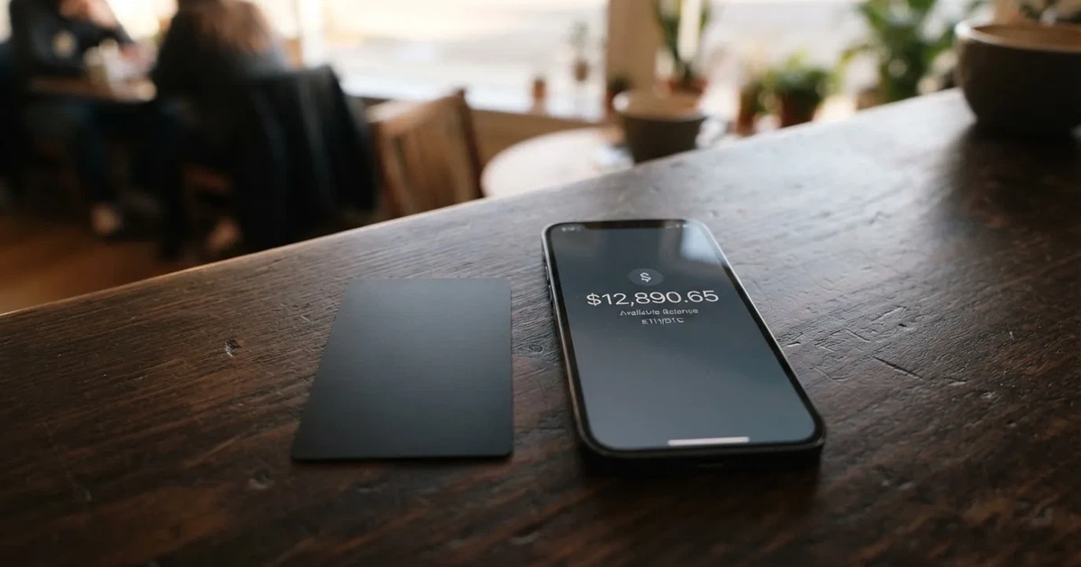 A payment card next to a phone with a crypto wallet app open