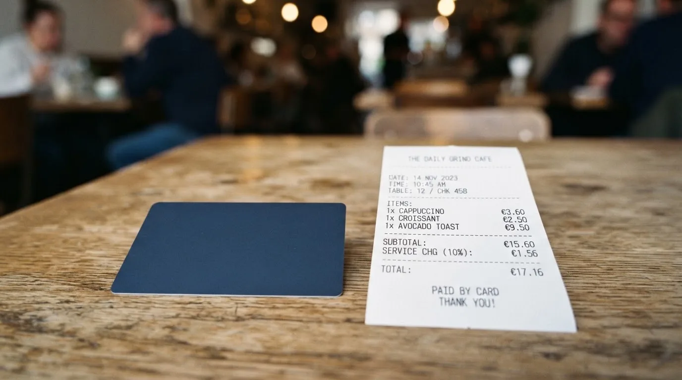 A receipt and a card on a café table