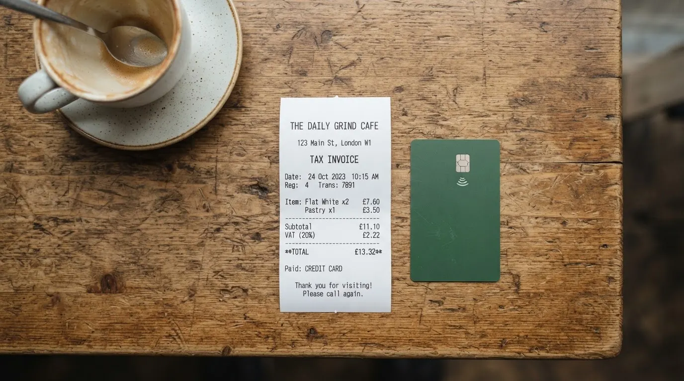 A receipt and a card on a café table