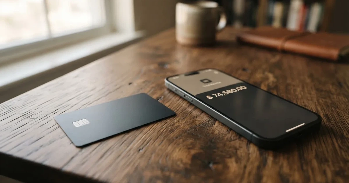 A payment card next to a phone with a crypto wallet app open