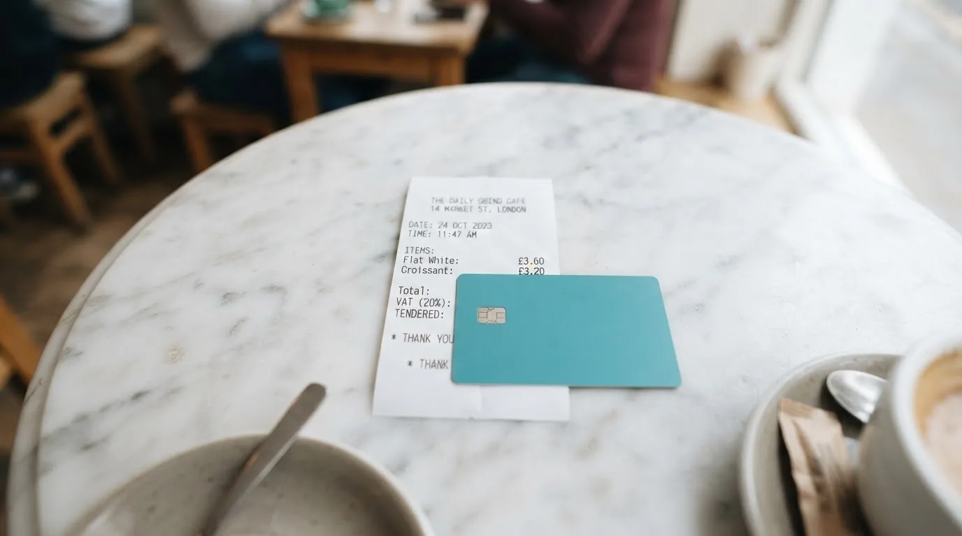 A receipt and a card on a café table