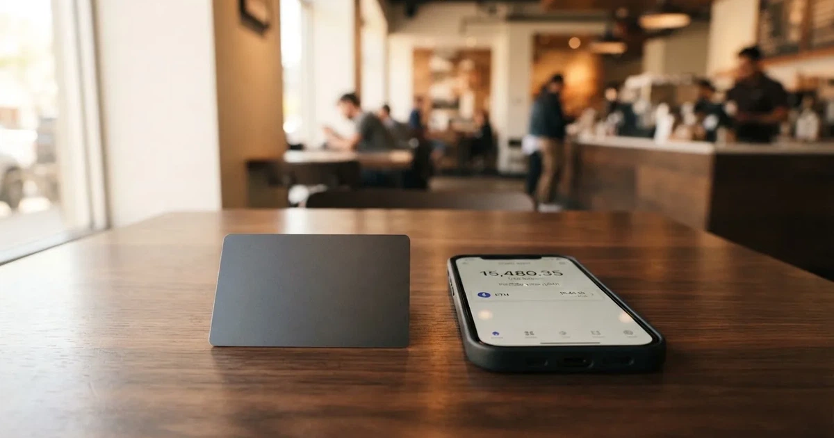 A payment card next to a phone with a crypto wallet app open