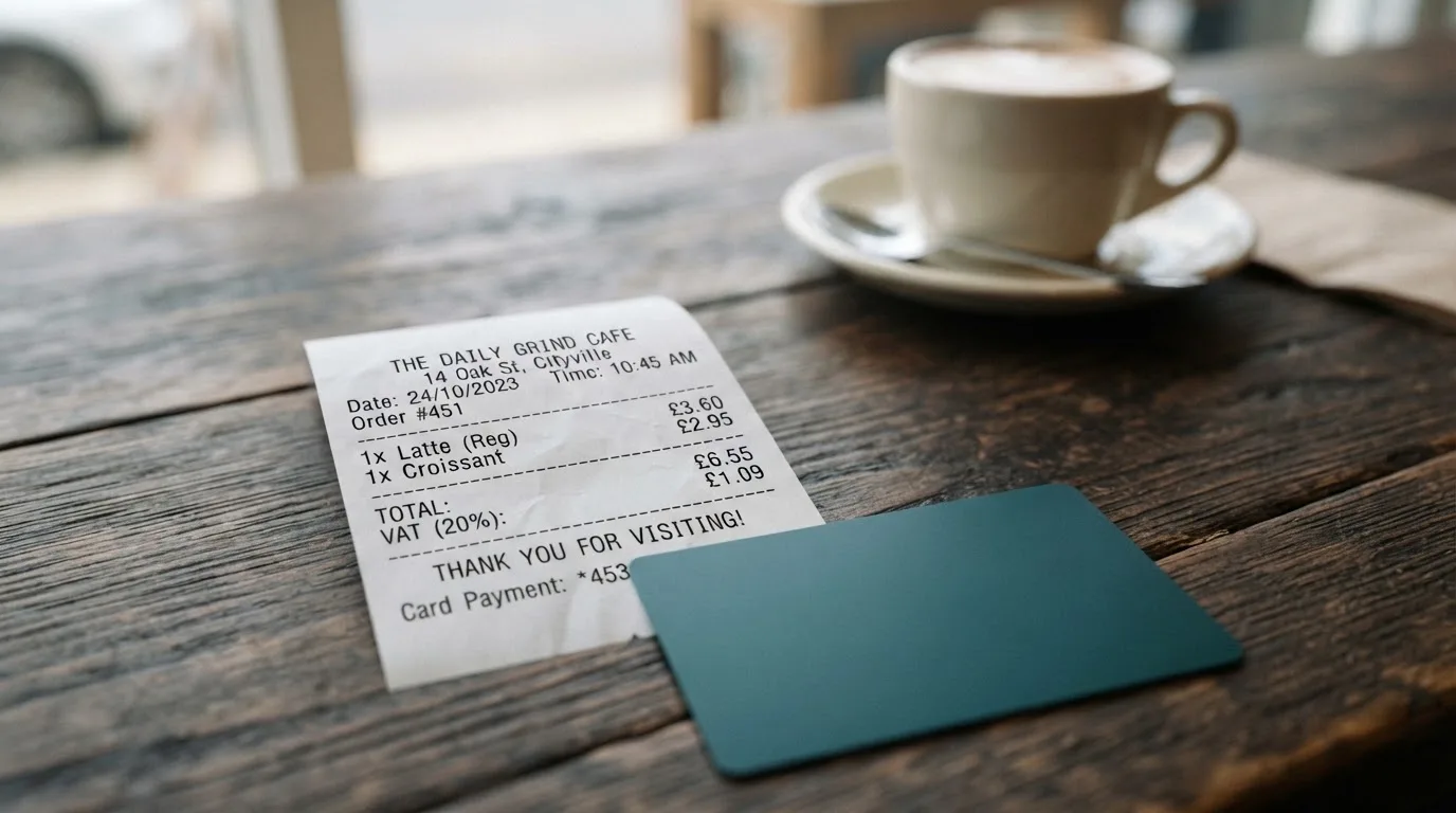 A receipt and a card on a café table
