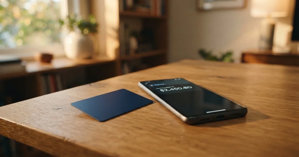 A payment card next to a phone with a crypto wallet app open
