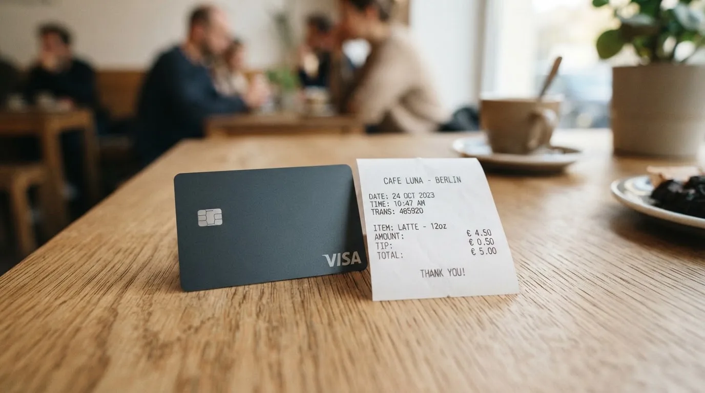 A receipt and a card on a café table