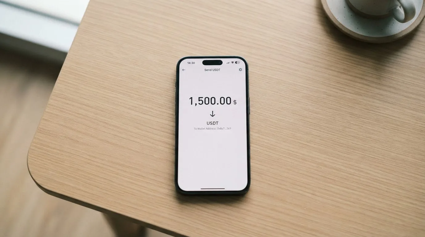 A phone showing a stablecoin transfer screen