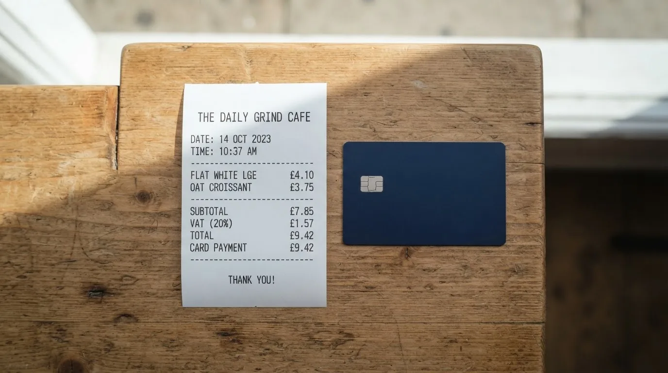 A receipt and a card on a café table