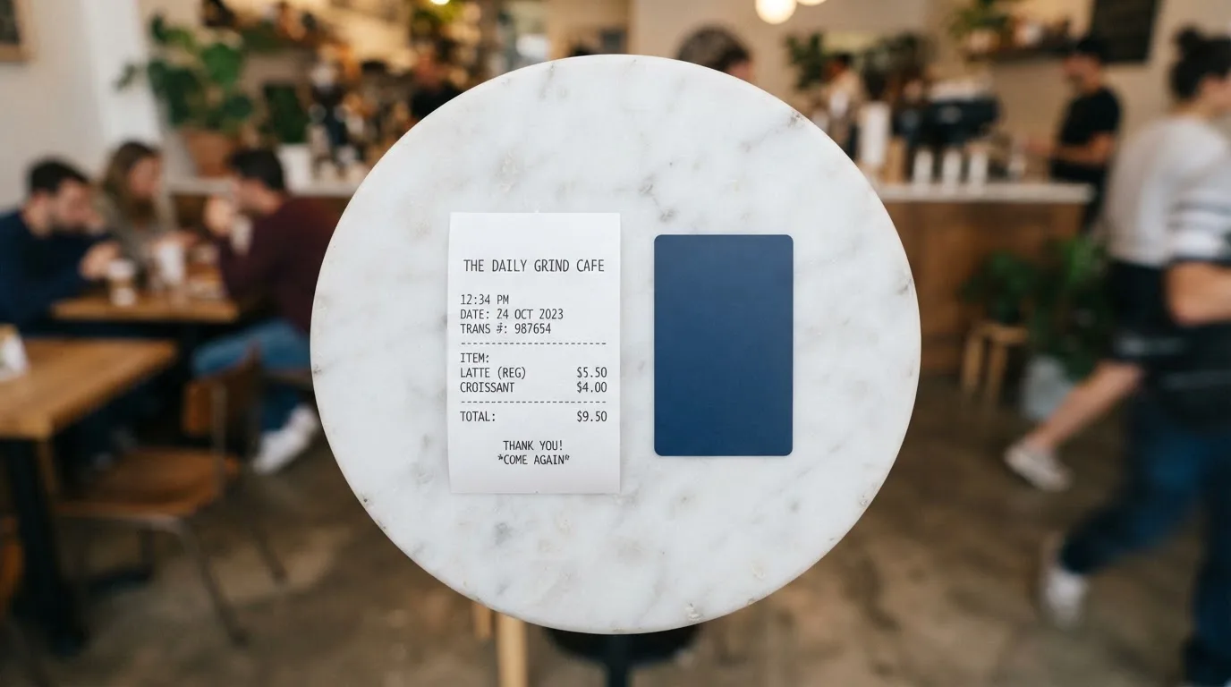 A receipt and a card on a café table