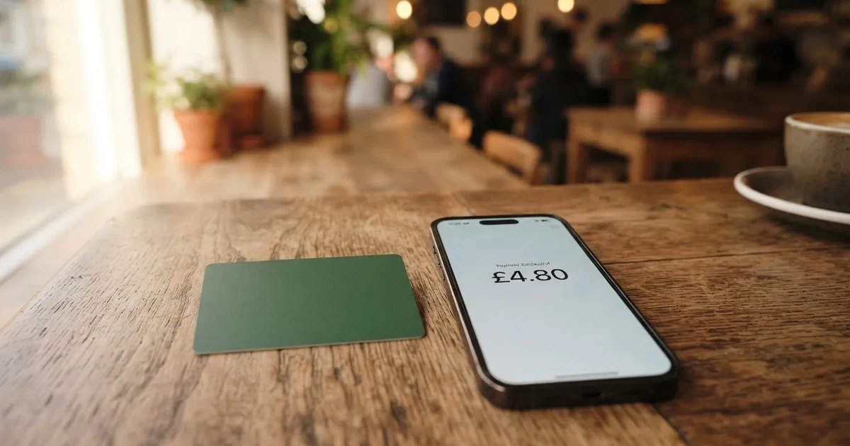A payment card next to a phone with a crypto wallet app open