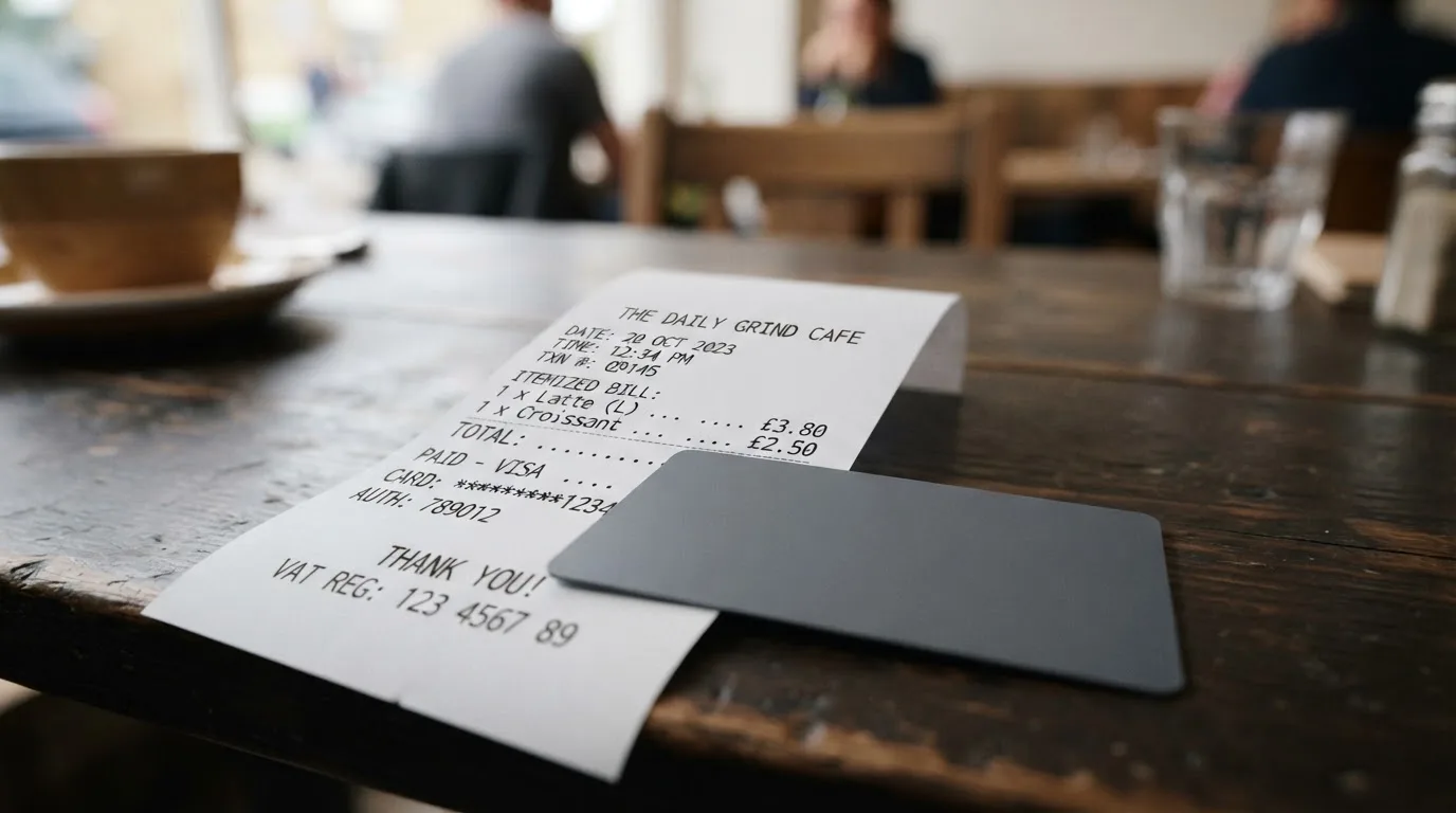 A receipt and a card on a café table