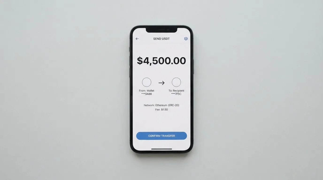 A phone showing a stablecoin transfer screen