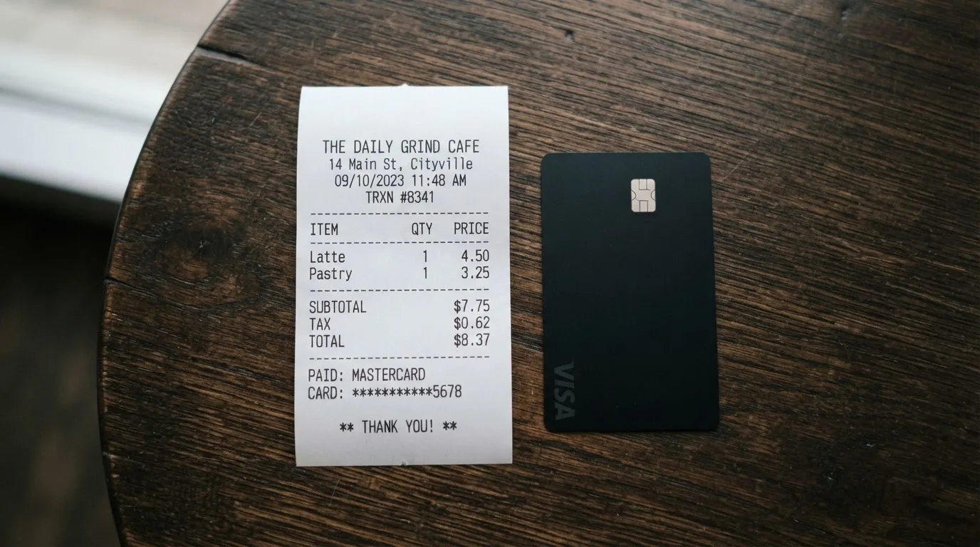 A receipt and a card on a café table