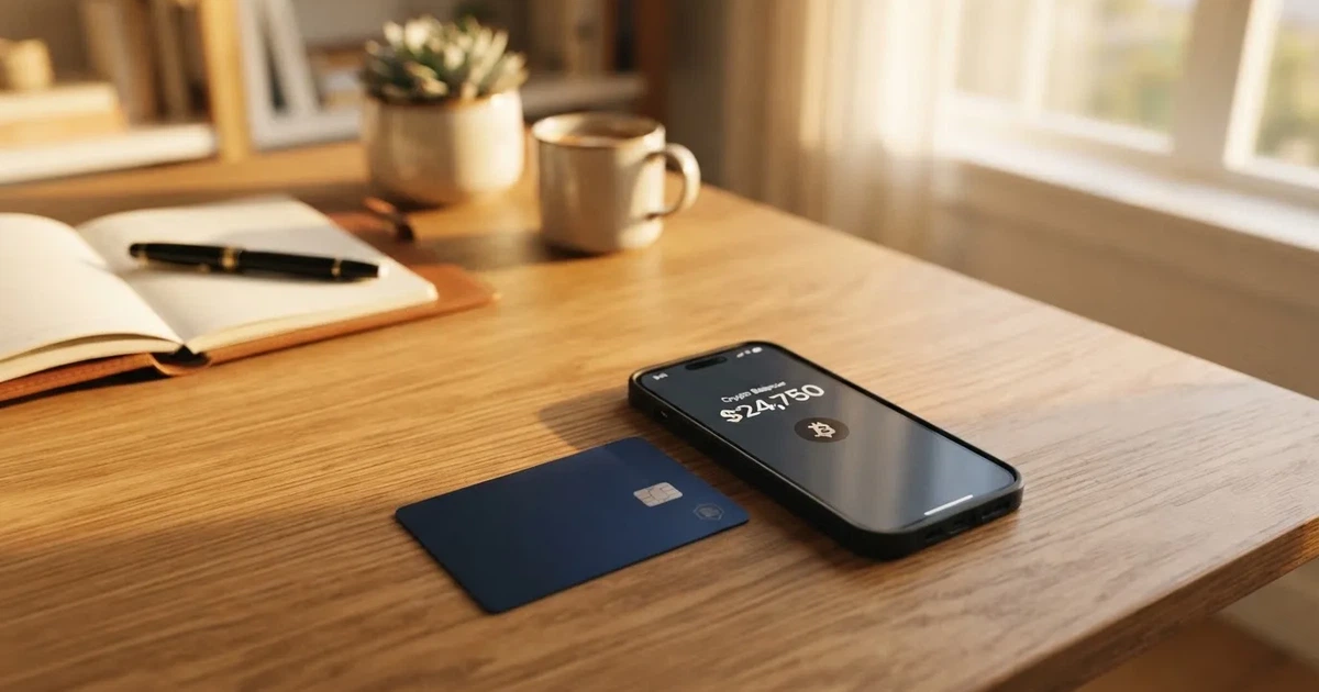 A payment card next to a phone with a crypto wallet app open