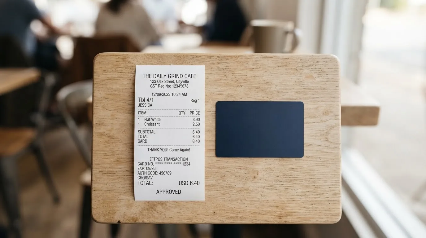 A receipt and a card on a café table