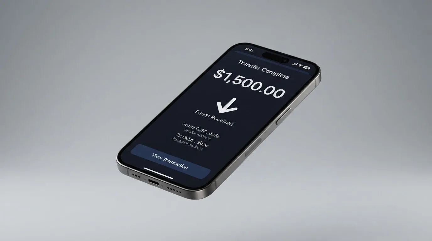A phone showing a stablecoin transfer screen
