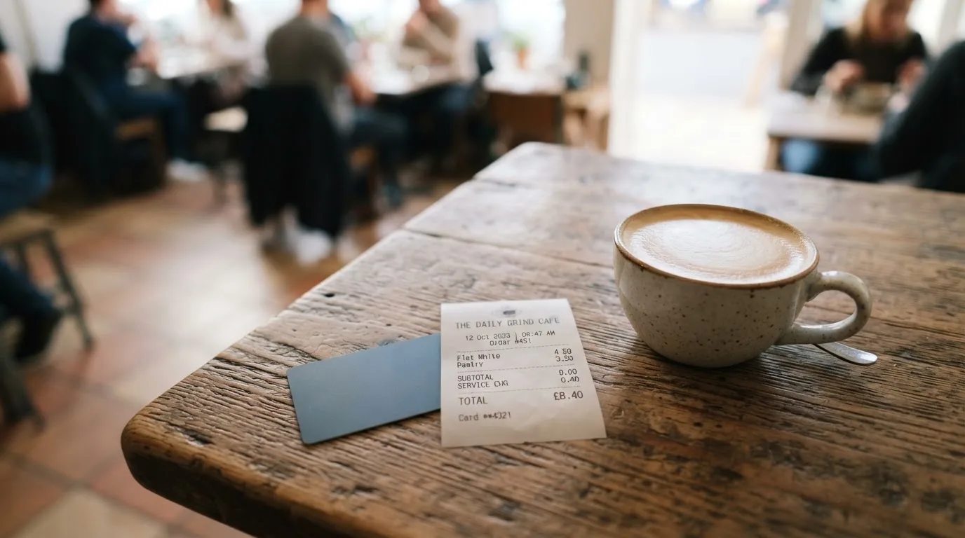 A receipt and a card on a café table