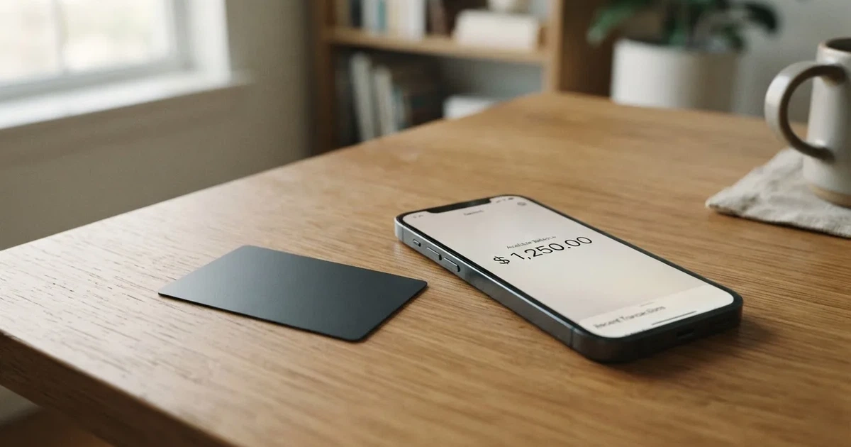 A payment card next to a phone with a crypto wallet app open