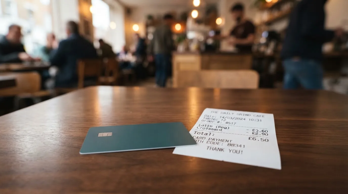 A receipt and a card on a café table