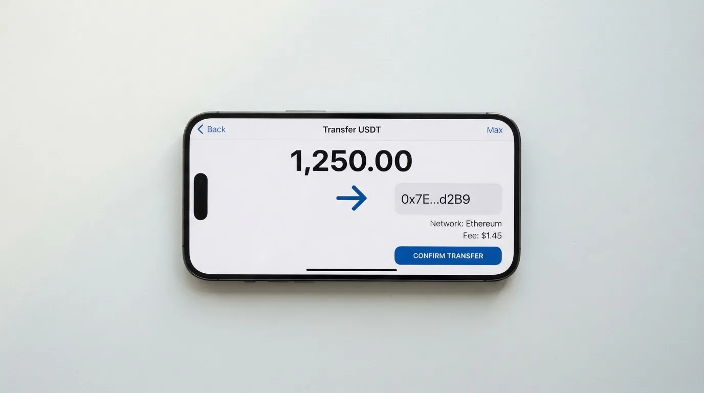 A phone showing a stablecoin transfer screen
