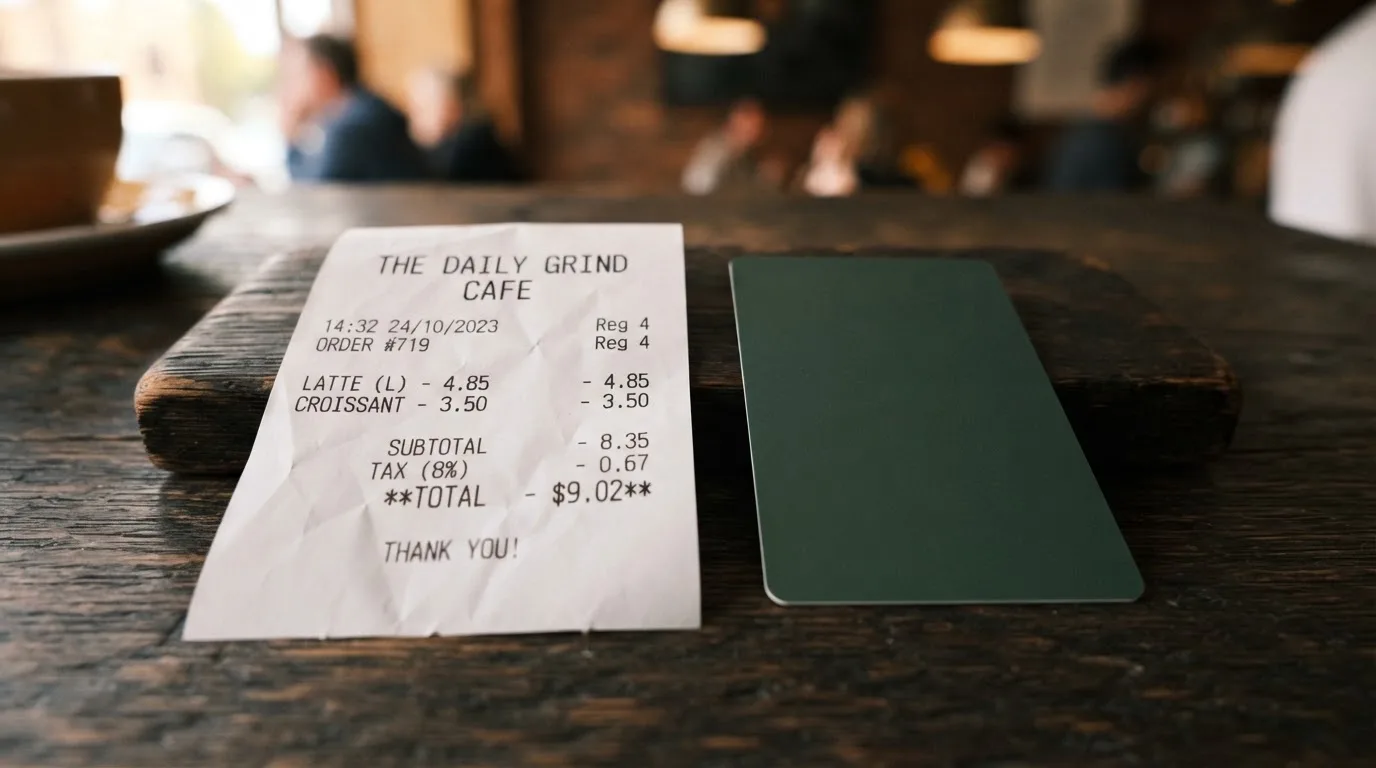 A receipt and a card on a café table