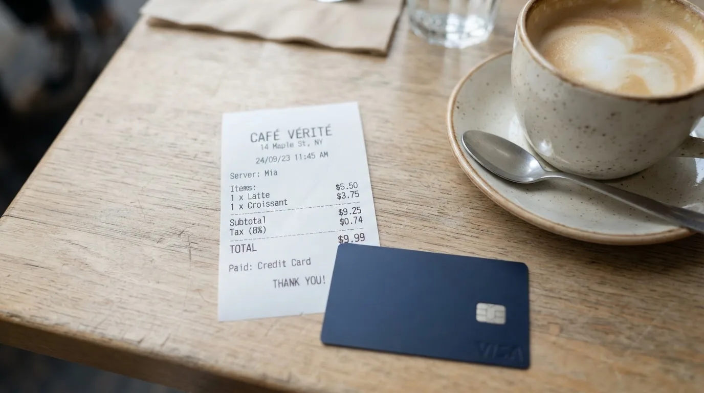 A receipt and a card on a café table