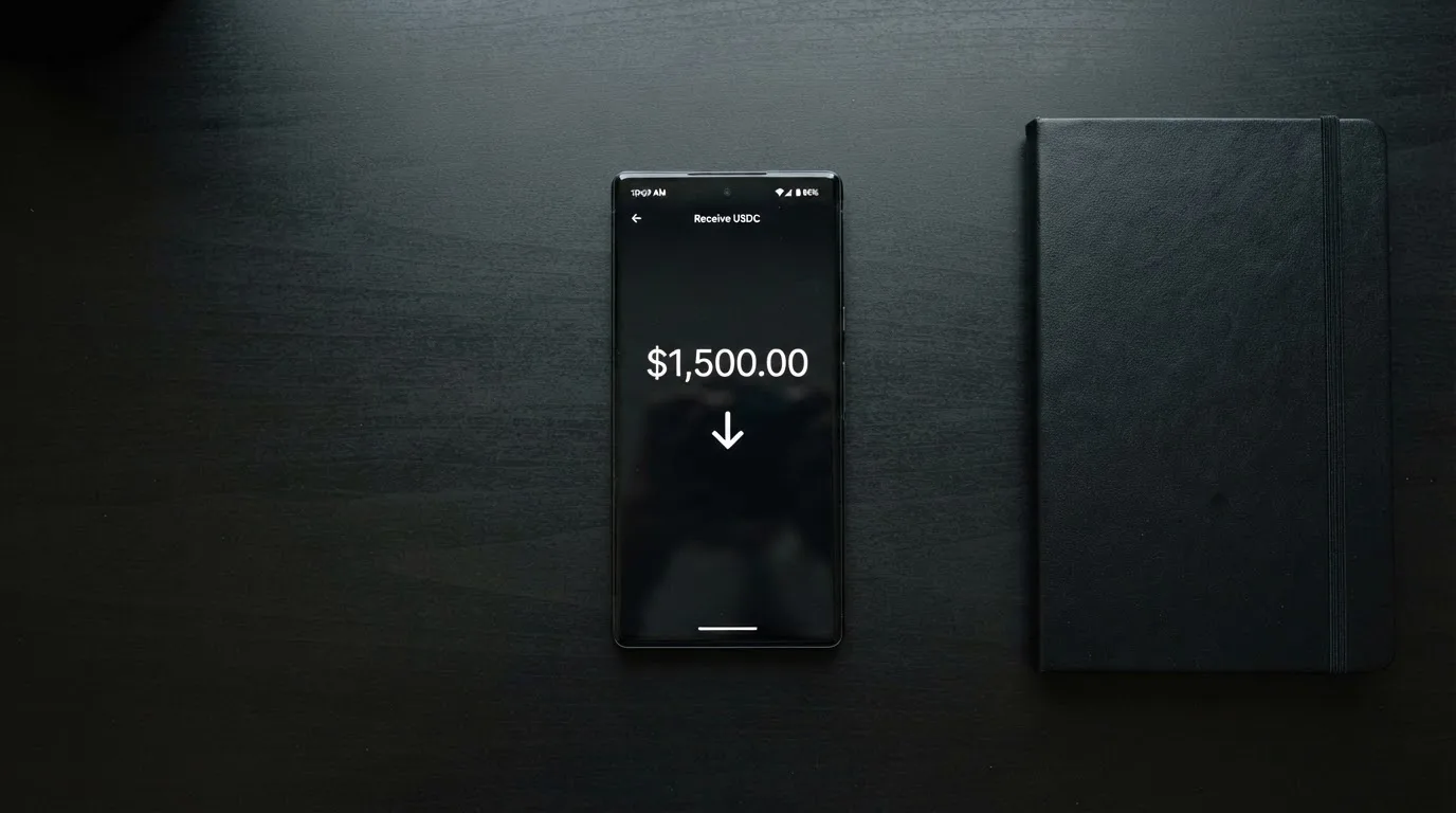 A phone showing a stablecoin transfer screen