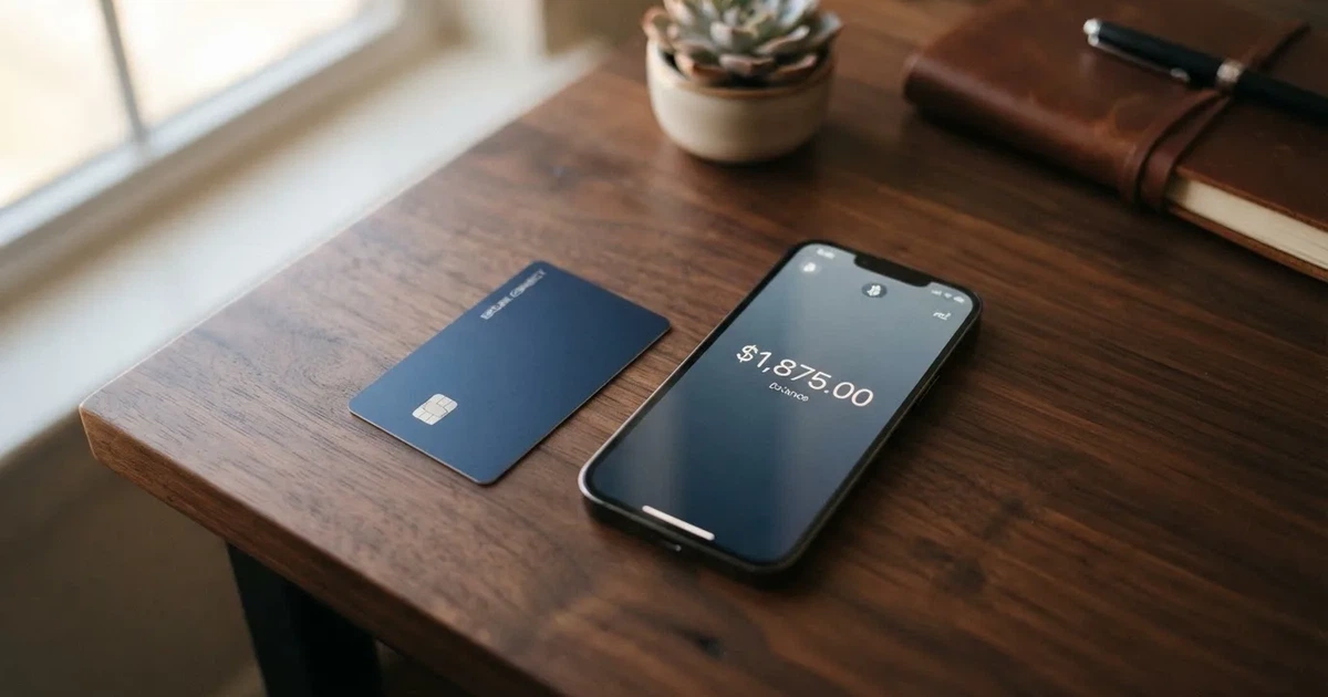 A payment card next to a phone with a crypto wallet app open