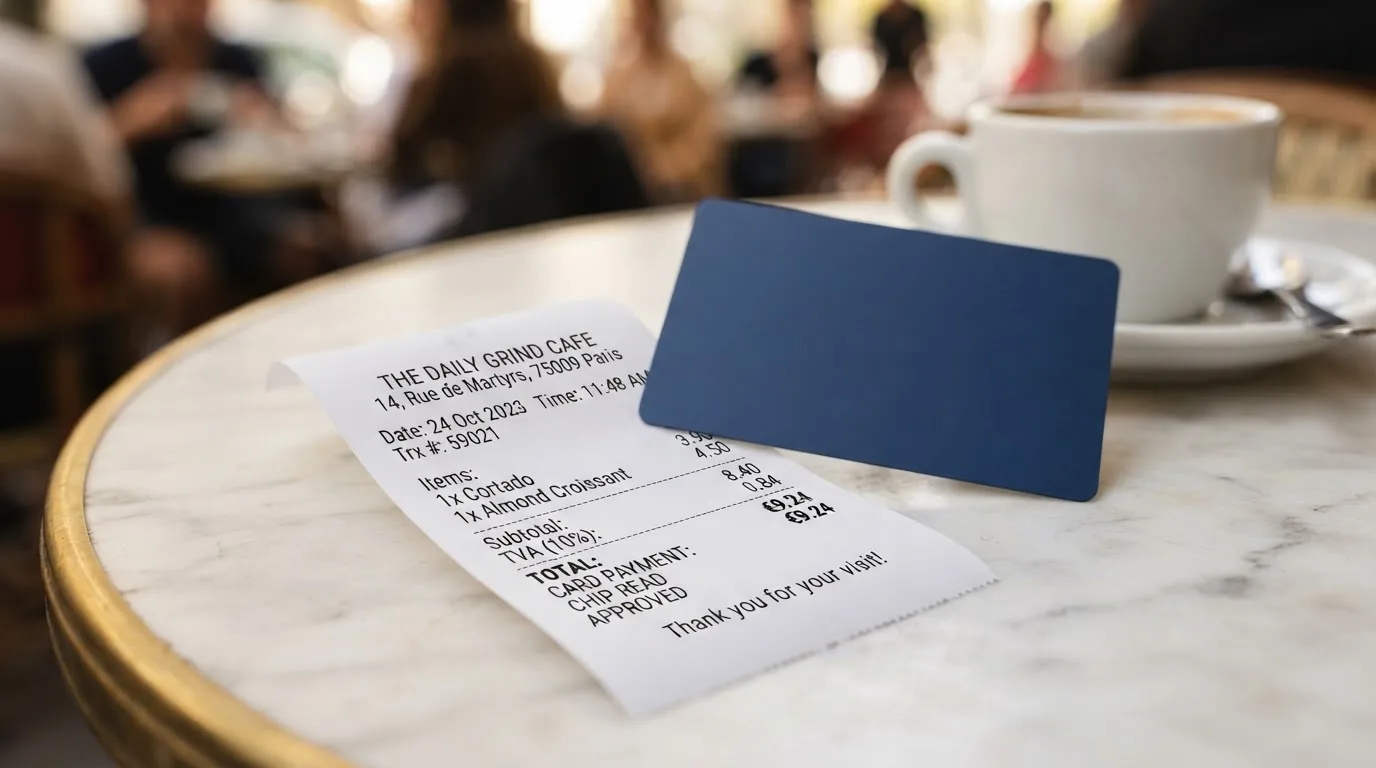 A receipt and a card on a café table