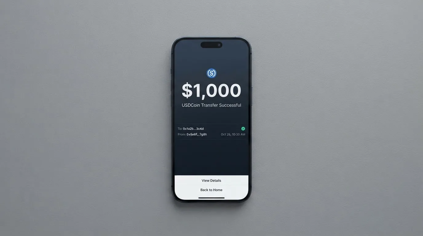 A phone showing a stablecoin transfer screen