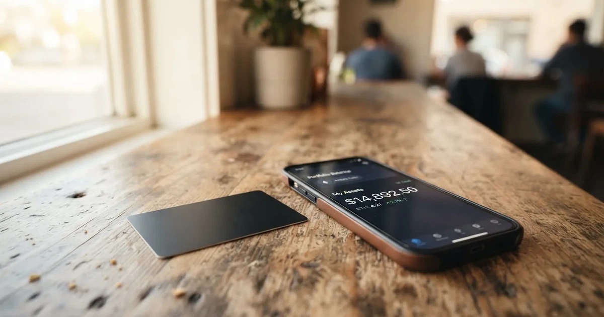 A payment card next to a phone with a crypto wallet app open