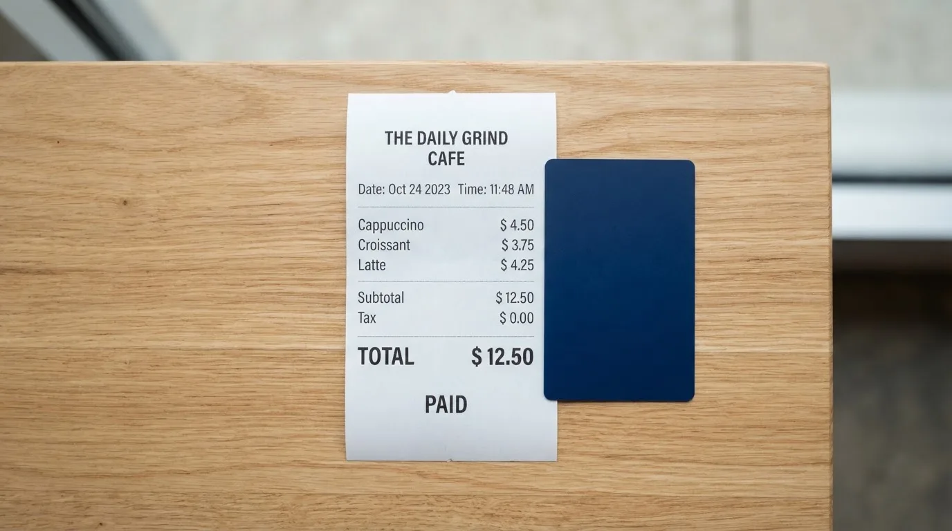 A receipt and a card on a café table