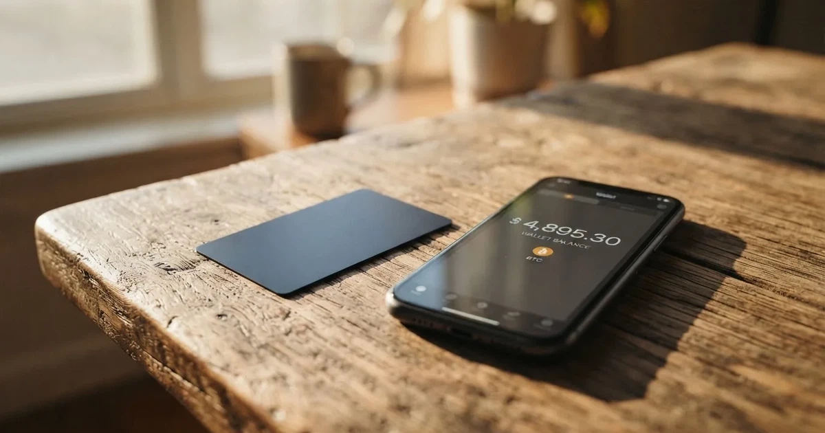 A payment card next to a phone with a crypto wallet app open
