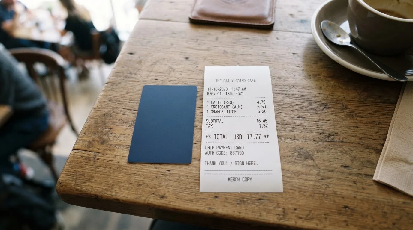 A receipt and a card on a café table
