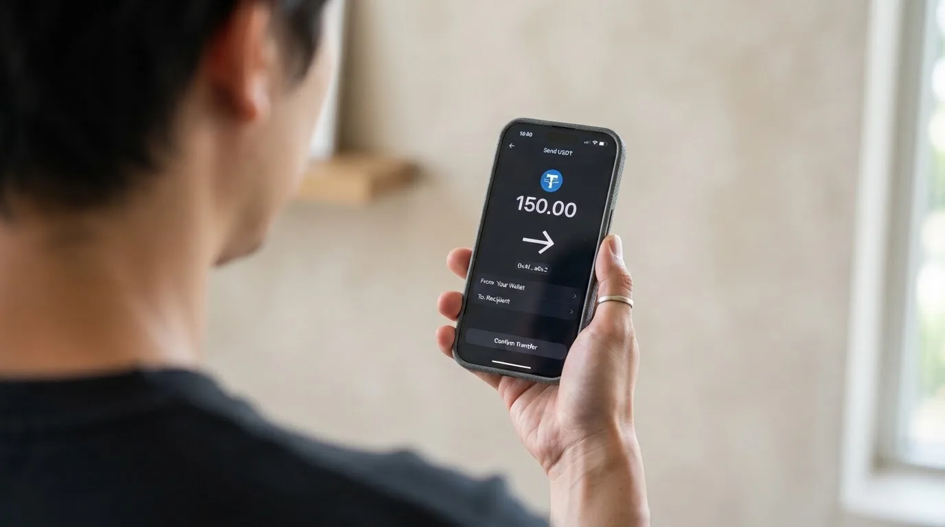 A phone showing a stablecoin transfer screen