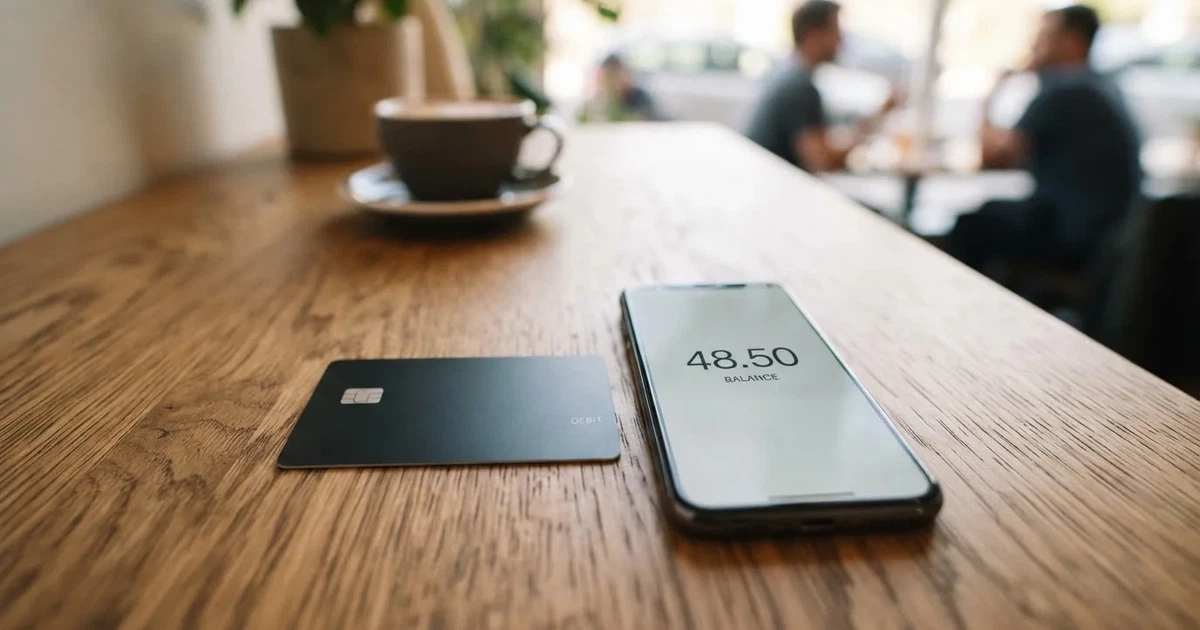 A payment card next to a phone with a crypto wallet app open