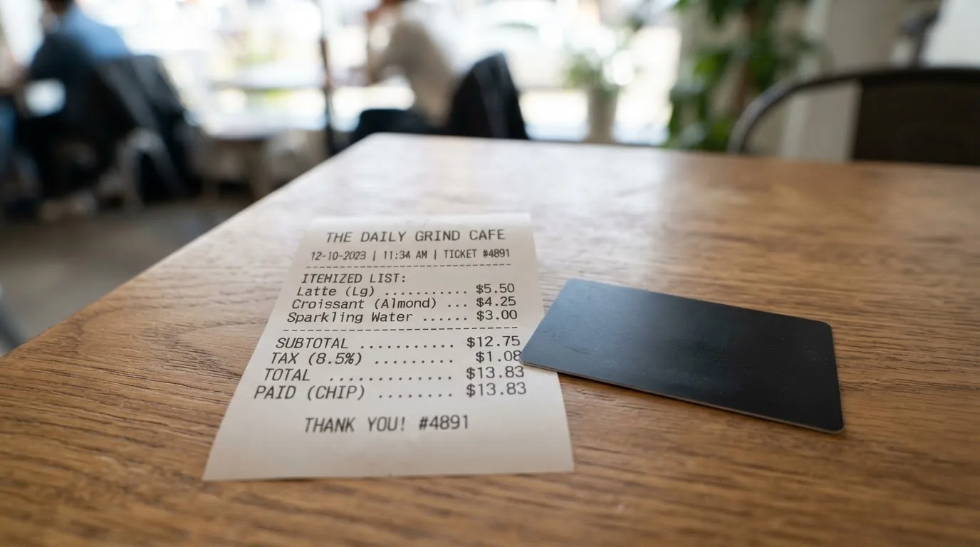 A receipt and a card on a café table
