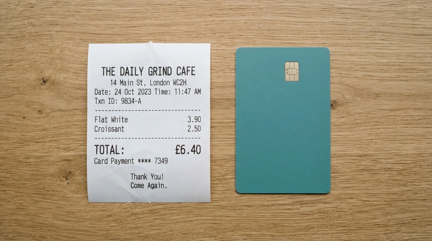 A receipt and a card on a café table