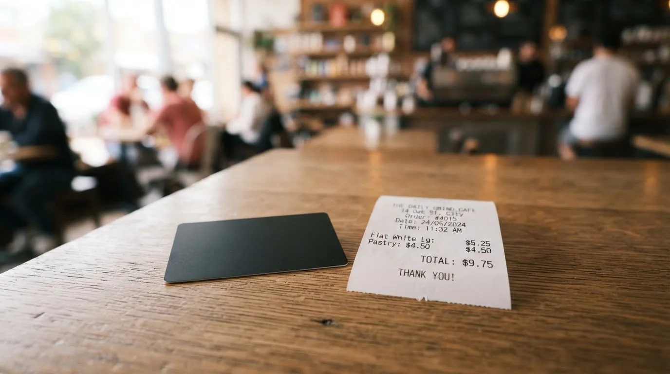 A receipt and a card on a café table