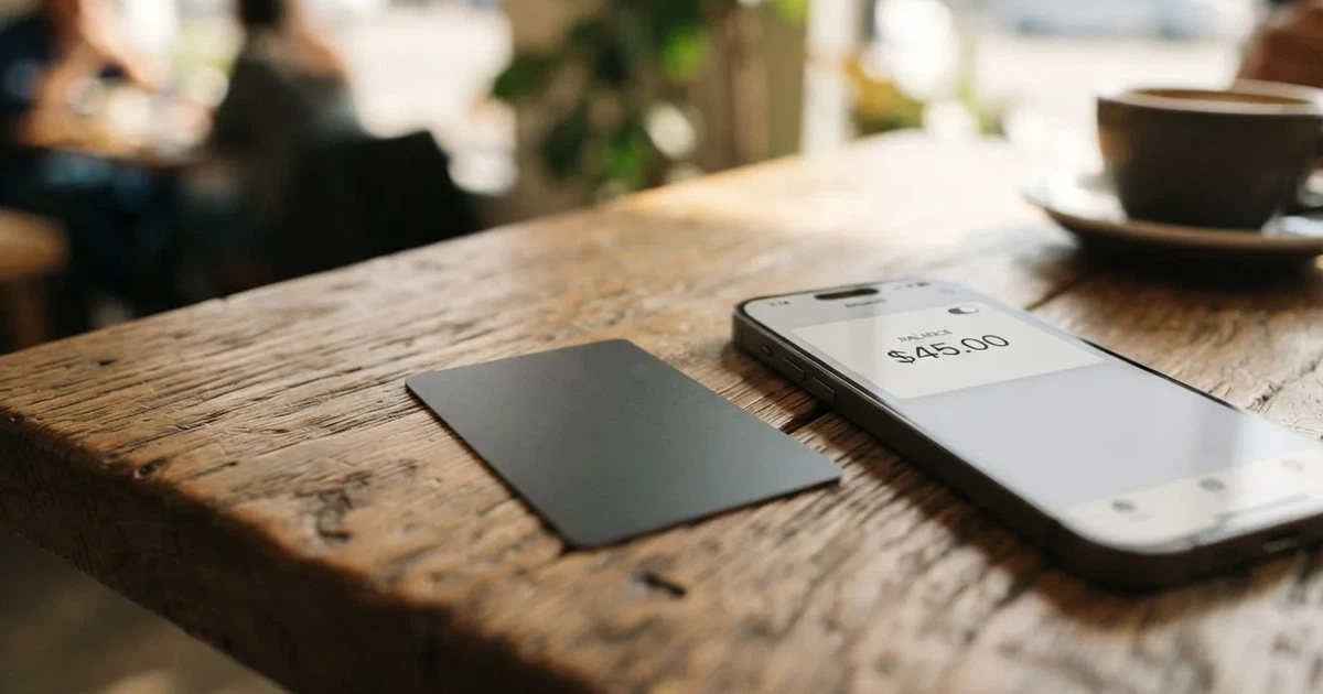 A payment card next to a phone with a crypto wallet app open