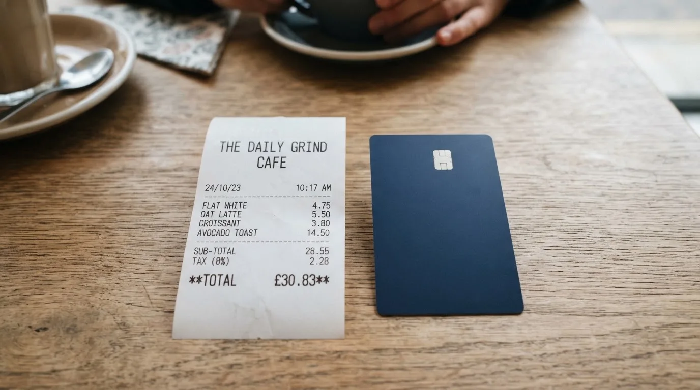 A receipt and a card on a café table