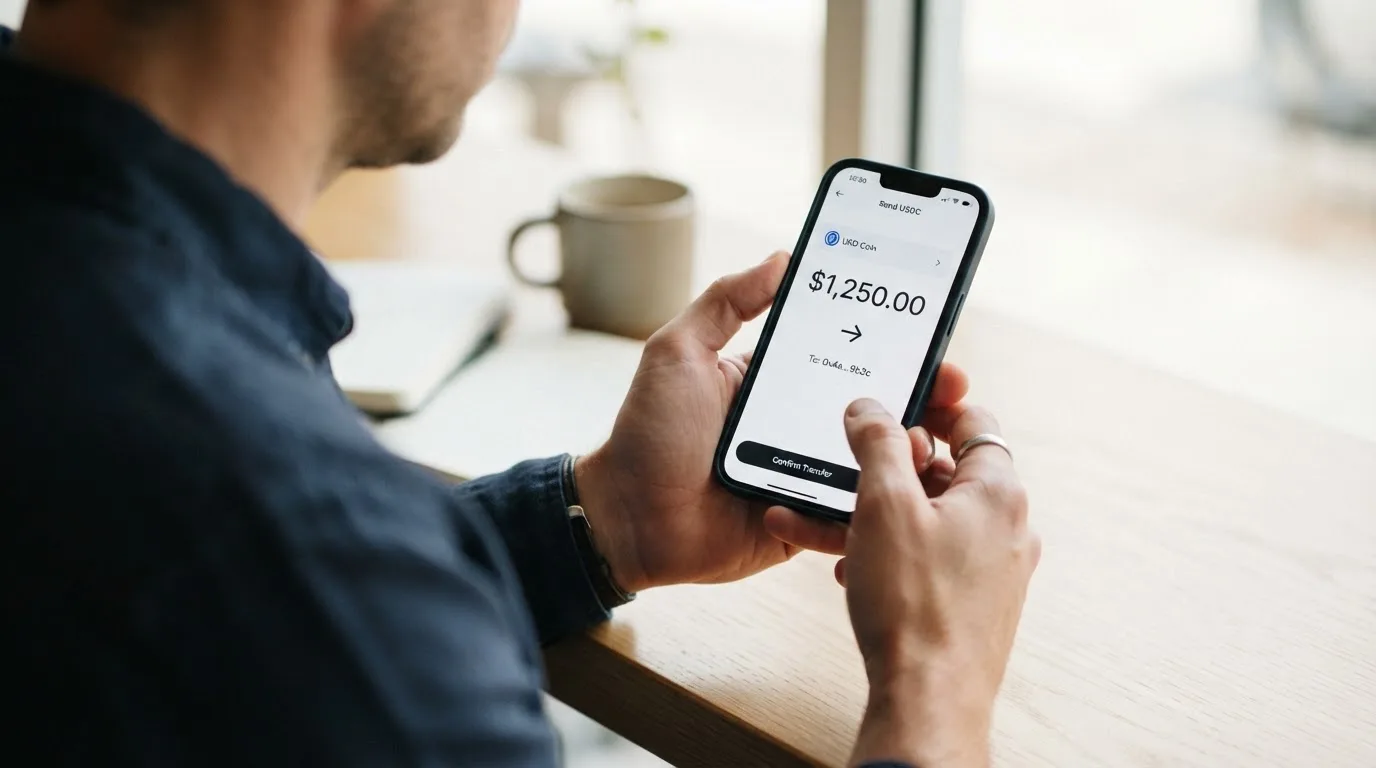 A phone showing a stablecoin transfer screen