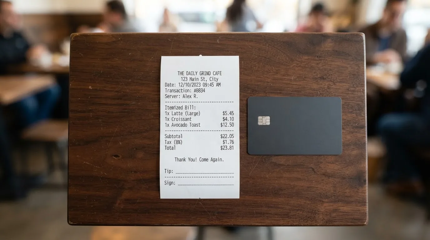 A receipt and a card on a café table