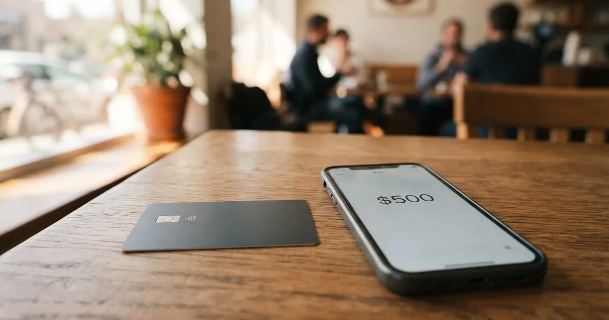 A payment card next to a phone with a crypto wallet app open