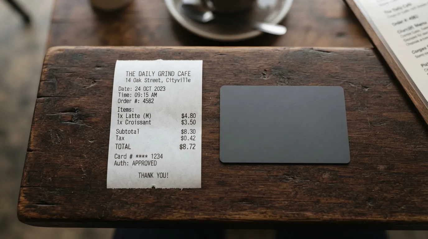 A receipt and a card on a café table