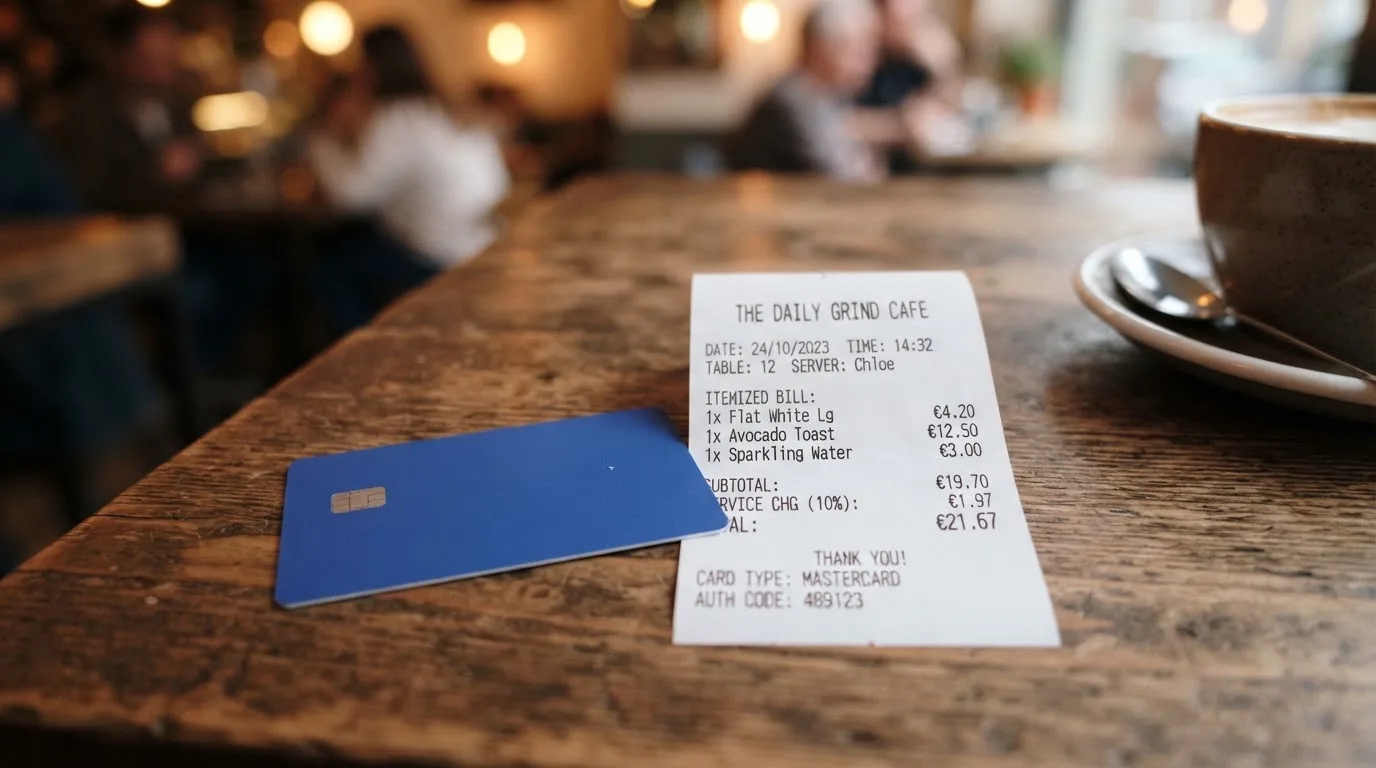A receipt and a card on a café table