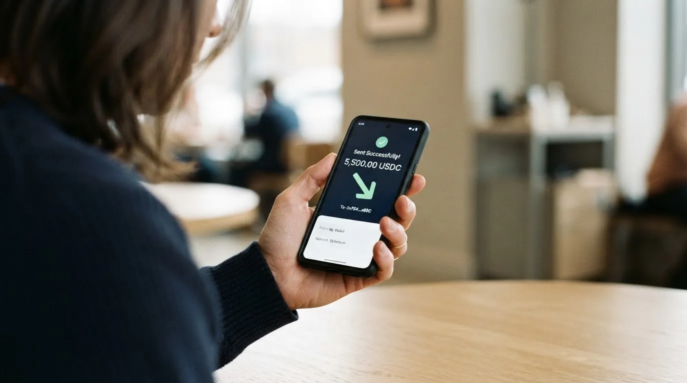 A phone showing a stablecoin transfer screen