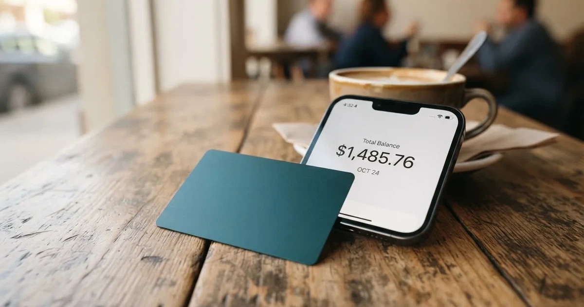 A payment card next to a phone with a crypto wallet app open