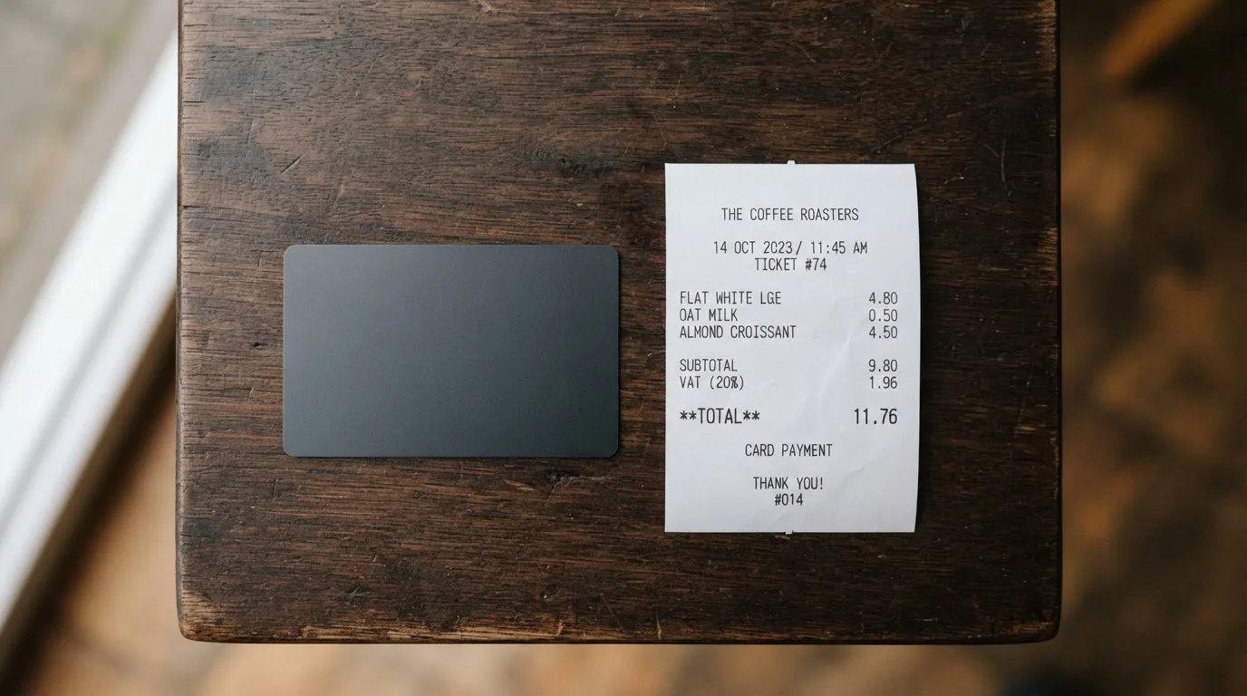 A receipt and a card on a café table